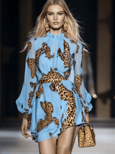 Commerce Boutique Blue Leopard Print Chiffon Mini Dress