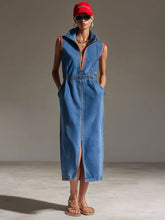 Commerce Boutique Retro Blue Denim Sleeveless Zip Midi Dress