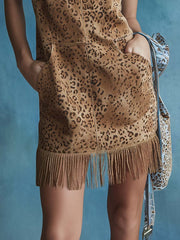 Commerce Boutique Leopard Print Suede Tassel Mini Dress
