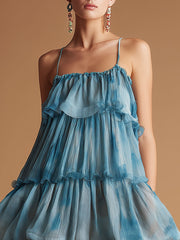 Commerce Boutique Blue Chiffon Spaghetti Strap Midi Dress