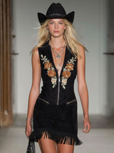 Commerce Boutique Black Suede Embroidered Zip Mini Dress