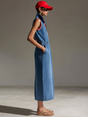 Commerce Boutique Retro Blue Denim Sleeveless Zip Midi Dress