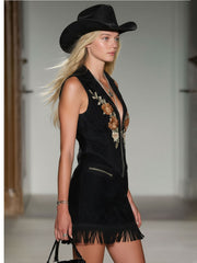 Commerce Boutique Black Suede Embroidered Zip Mini Dress