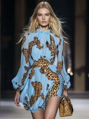 Commerce Boutique Blue Leopard Print Chiffon Mini Dress
