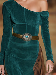 Commerce Boutique Green Faux Suede One Shoulder Midi Dress