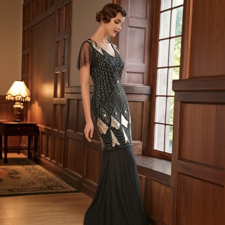 Black Art Deco Sequin Mermaid Gown