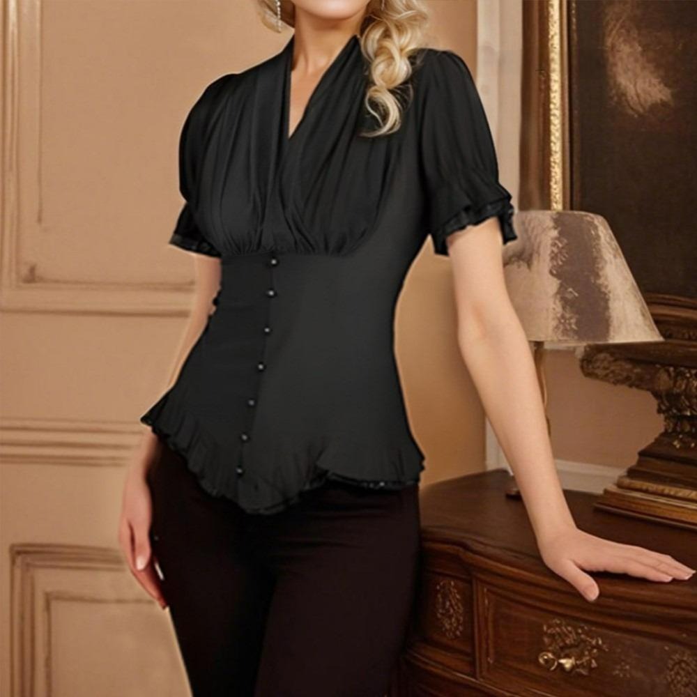 Victorian Pleated Shirt Lace Up Work Blouse