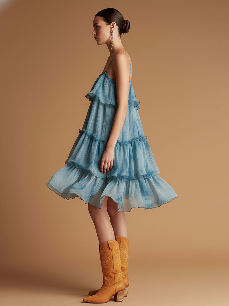 Commerce Boutique Blue Chiffon Spaghetti Strap Midi Dress 