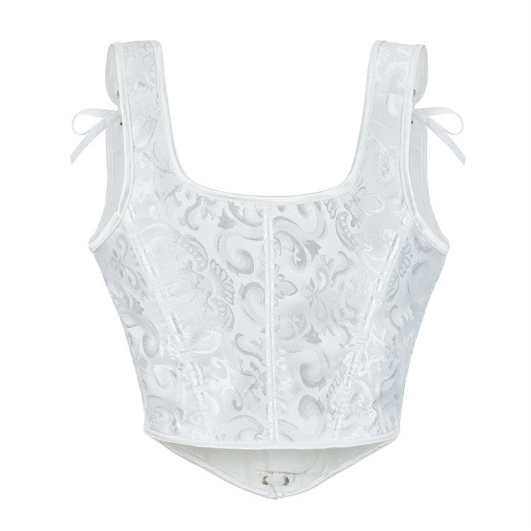 Retro Jacquard Lace-up Corset U-back Vest