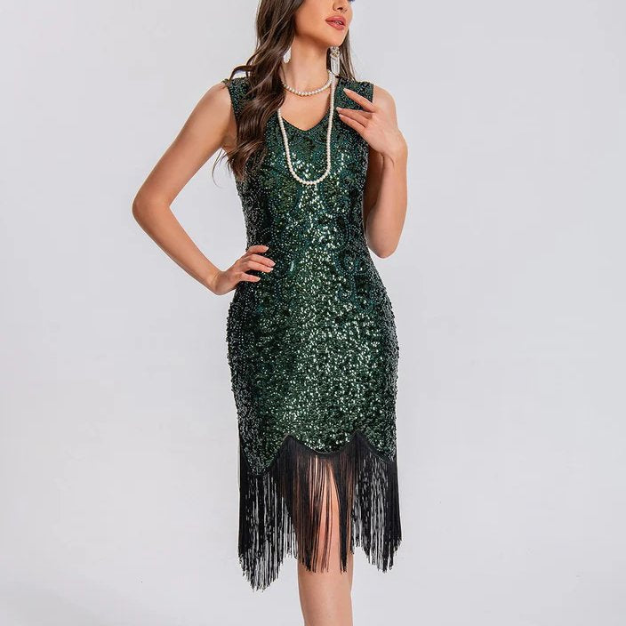 V-Neck Bodycon Sequin Flapper Dress