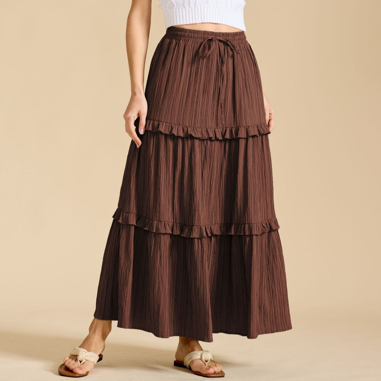 Retro Vintage Medieval Solid Maxi Skirt with Ruffle Trim