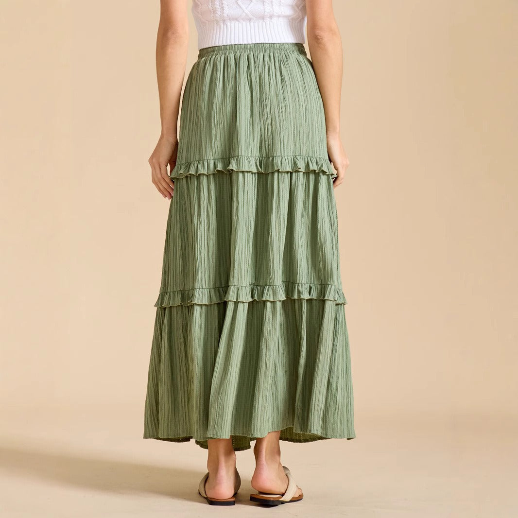Retro Vintage Medieval Solid Maxi Skirt with Ruffle Trim