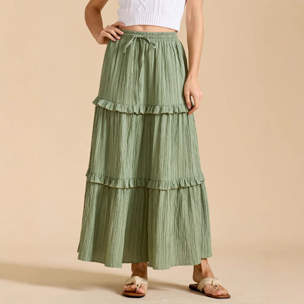 Retro Vintage Medieval Solid Maxi Skirt with Ruffle Trim