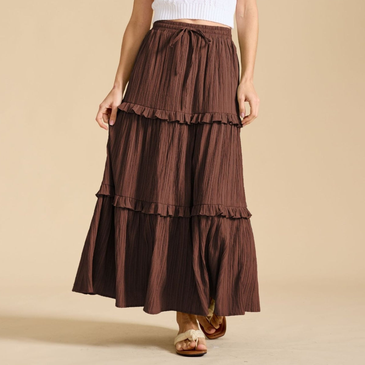Retro Vintage Medieval Solid Maxi Skirt with Ruffle Trim