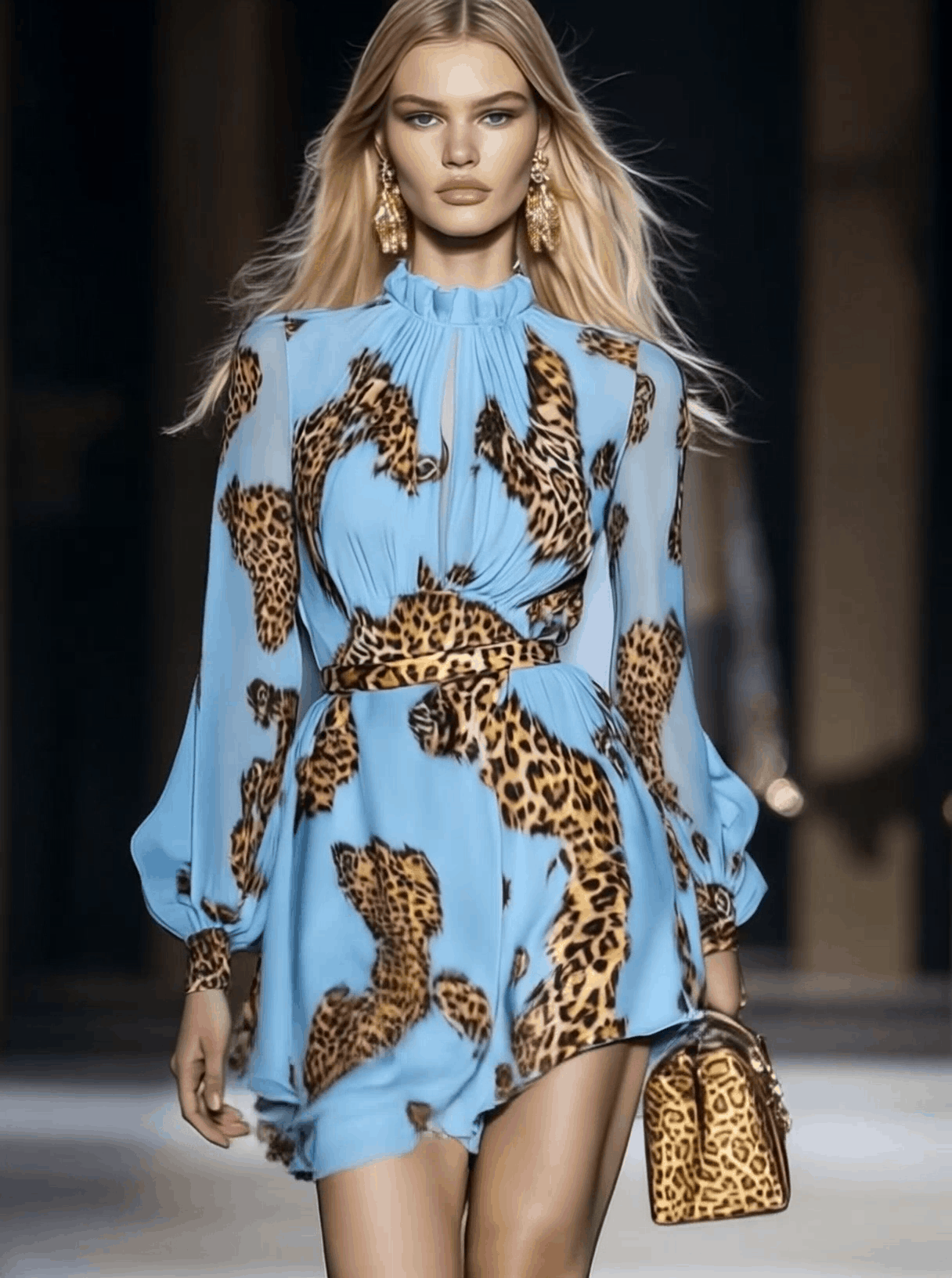 Commerce Boutique Blue Leopard Print Chiffon Mini Dress