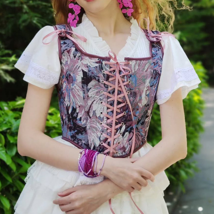 Cottagecore Jacquard Front Strap Herringbone Corset