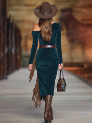 Commerce Boutique Green Faux Suede One Shoulder Midi Dress 