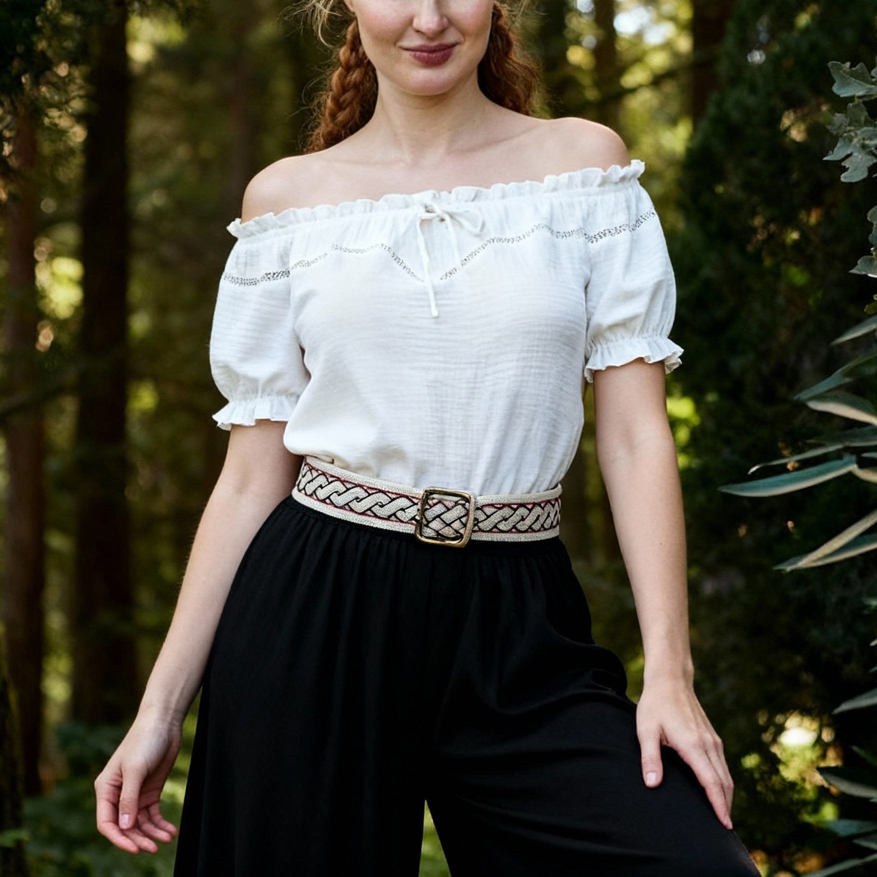 Renaissance Crew Neck Off Shoulder Lace-up Tops