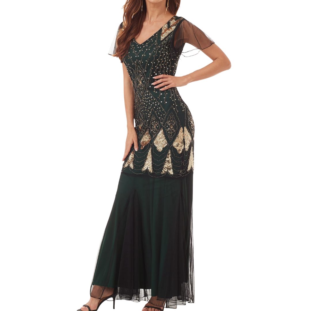 Green Art Deco Beaded Mermaid Gown