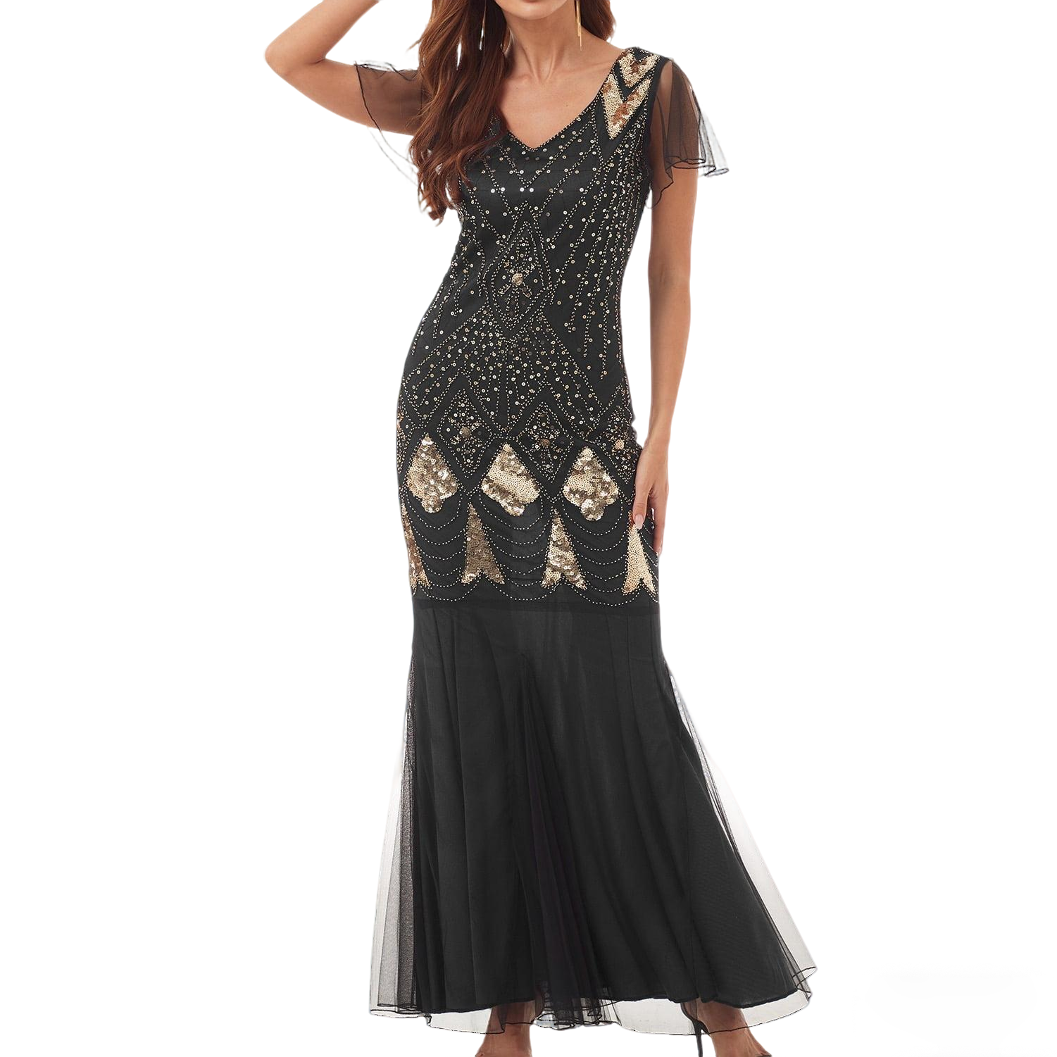 Black Art Deco Sequin Mermaid Gown