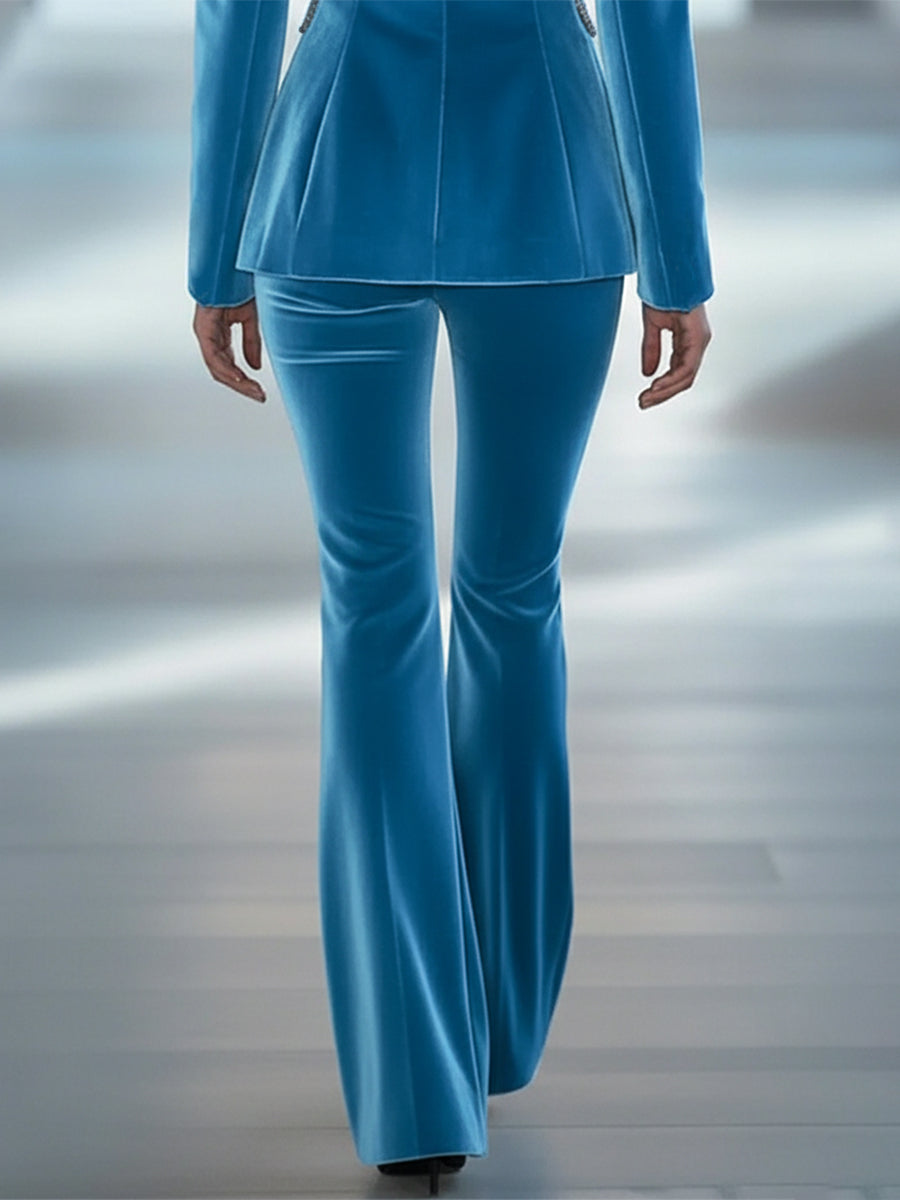 Commerce Boutique Blue Velvet High Waist Flare Pants 