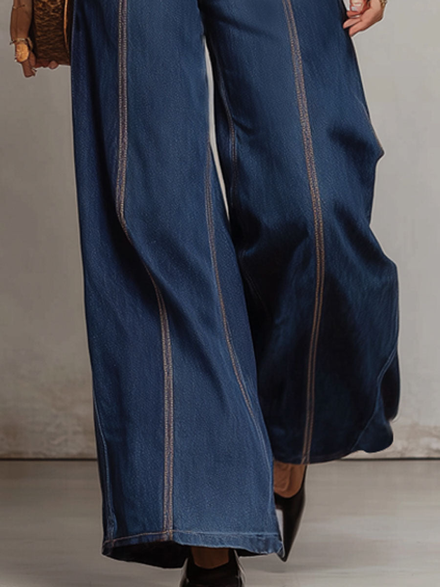 Commerce Boutique Contrast Stitch Wide Leg Denim Jeans 