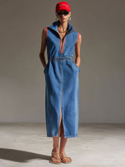 Commerce Boutique Retro Blue Denim Sleeveless Zip Midi Dress 