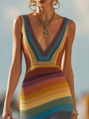 Commerce Boutique Colorful Striped Knit V Neck Maxi Dress 