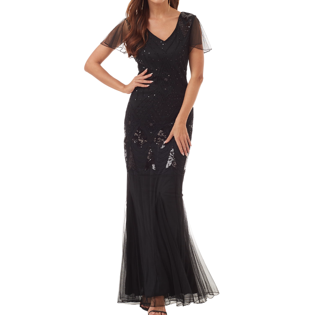 Black Art Deco Beaded Gown