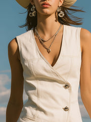 Commerce Boutique White Denim Sleeveless Button Mini Dress 