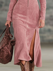 Commerce Boutique Pink Faux Suede Embroidered Midi Dress 