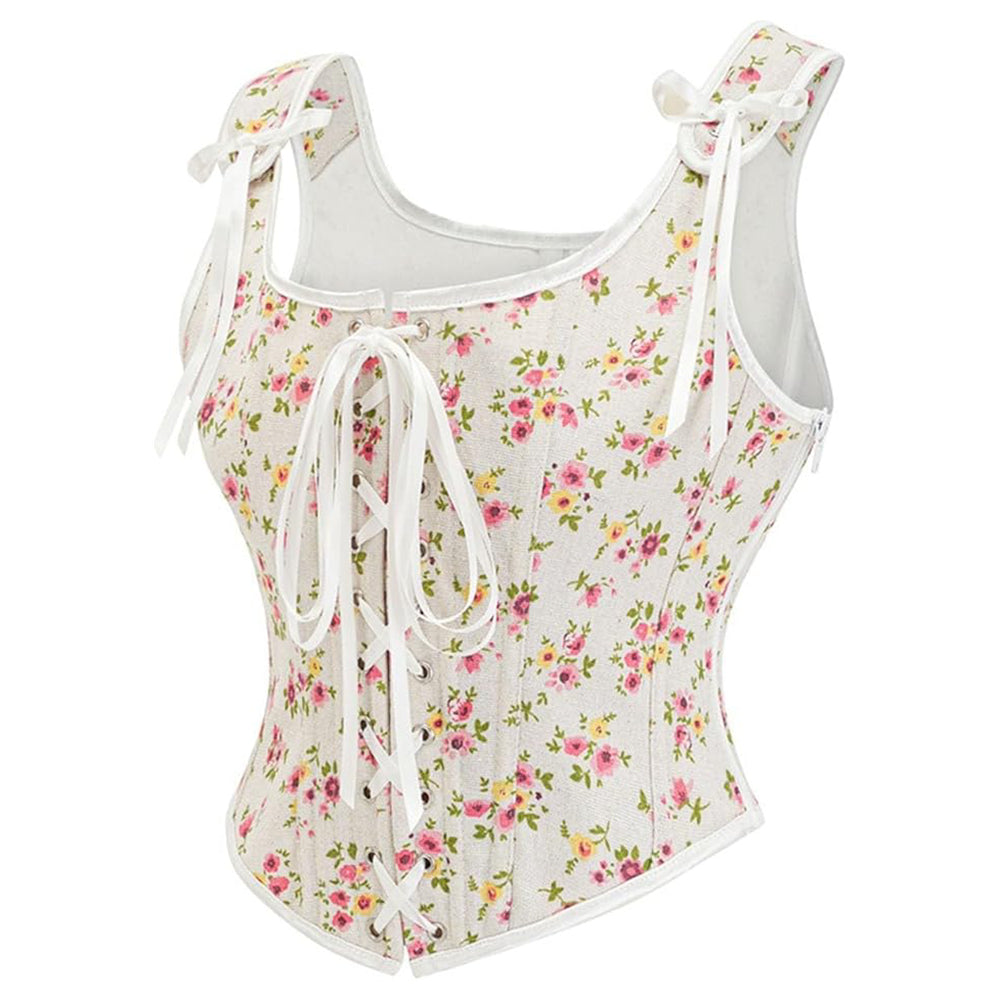 Vintage Floral Tapestry Lace-Up Front U-Back Corset Top