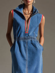 Commerce Boutique Retro Blue Denim Sleeveless Zip Midi Dress 