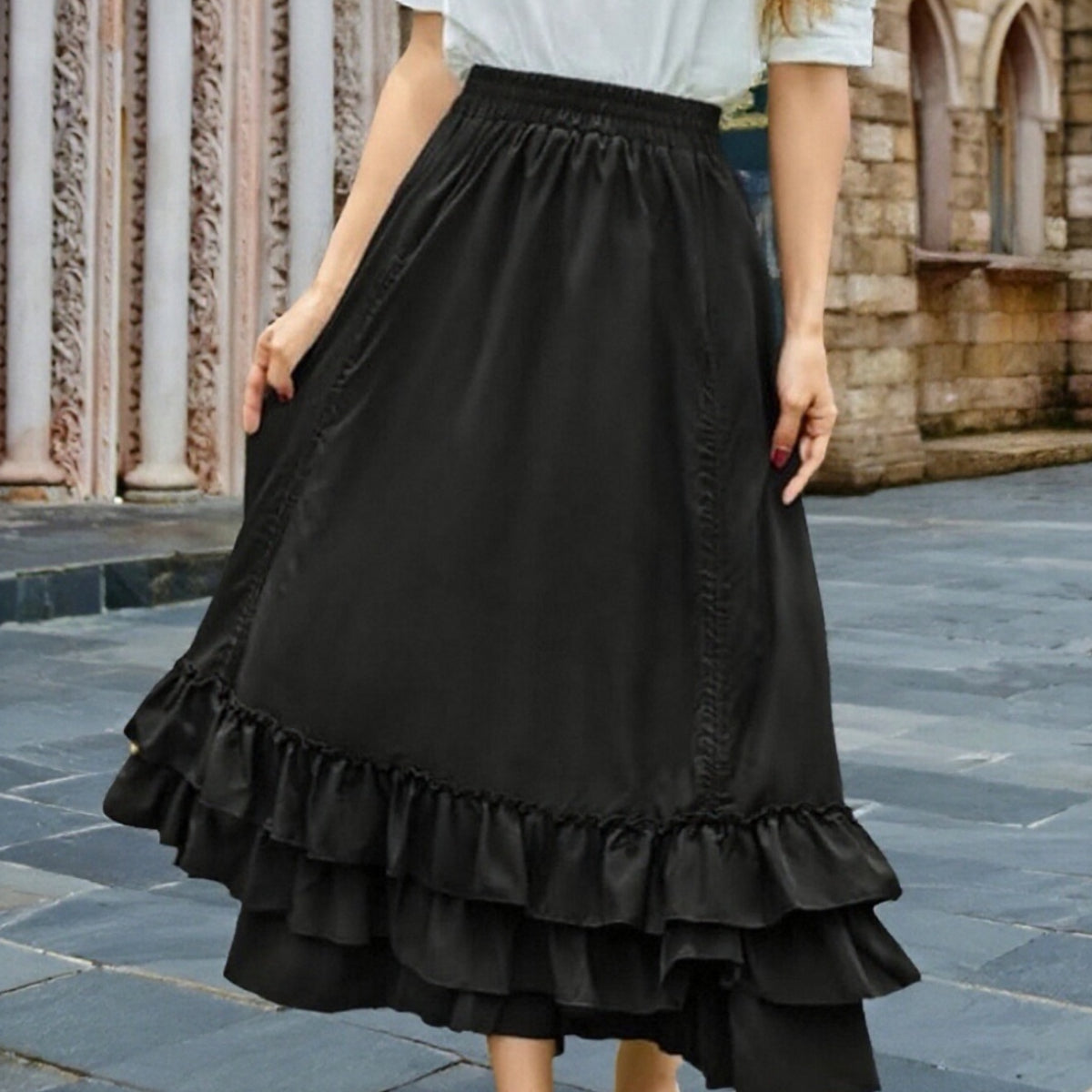 Gothic Adjustable Elastic Waist Ruffle Cake Maxi Skirt