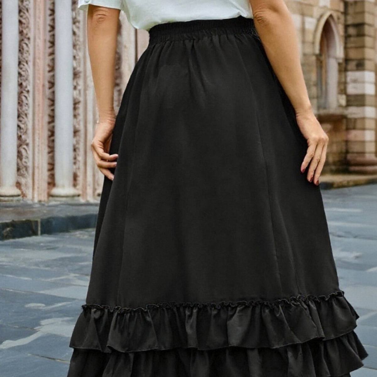 Gothic Adjustable Elastic Waist Ruffle Cake Maxi Skirt