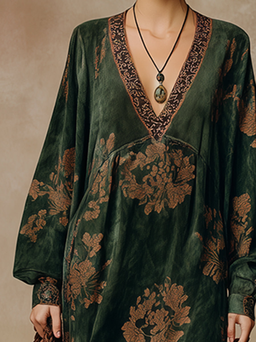 Commerce Boutique Green Printed Suede Tassel Maxi Dress 