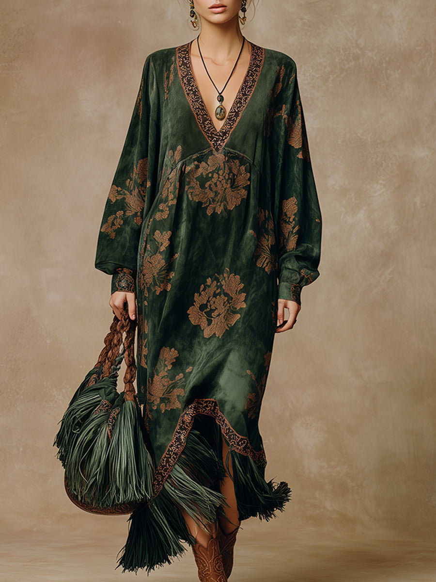 Commerce Boutique Green Printed Suede Tassel Maxi Dress 