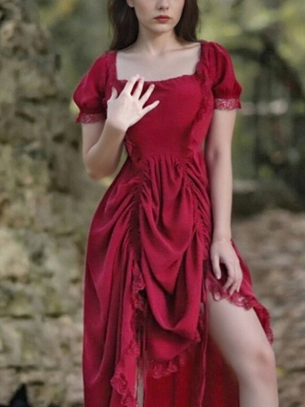 Renaissance Dress Ruffle High Low Dress with Drawstring