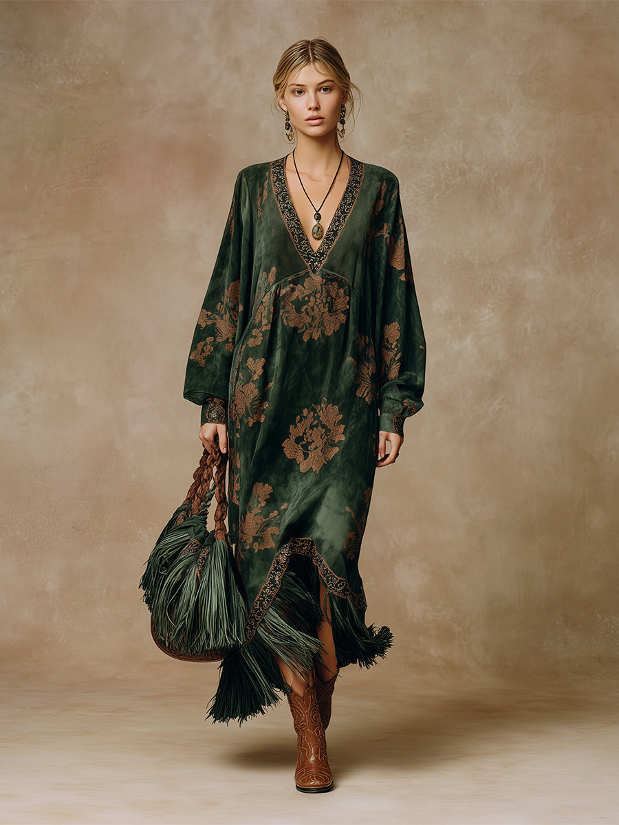 Commerce Boutique Green Printed Suede Tassel Maxi Dress 