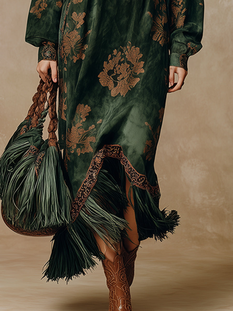 Commerce Boutique Green Printed Suede Tassel Maxi Dress 
