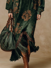 Commerce Boutique Green Printed Suede Tassel Maxi Dress 