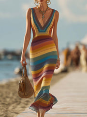 Commerce Boutique Colorful Striped Knit V Neck Maxi Dress 