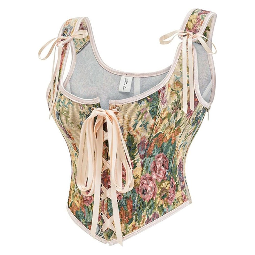 Floral Lace-up Front Vest U-Back Corset