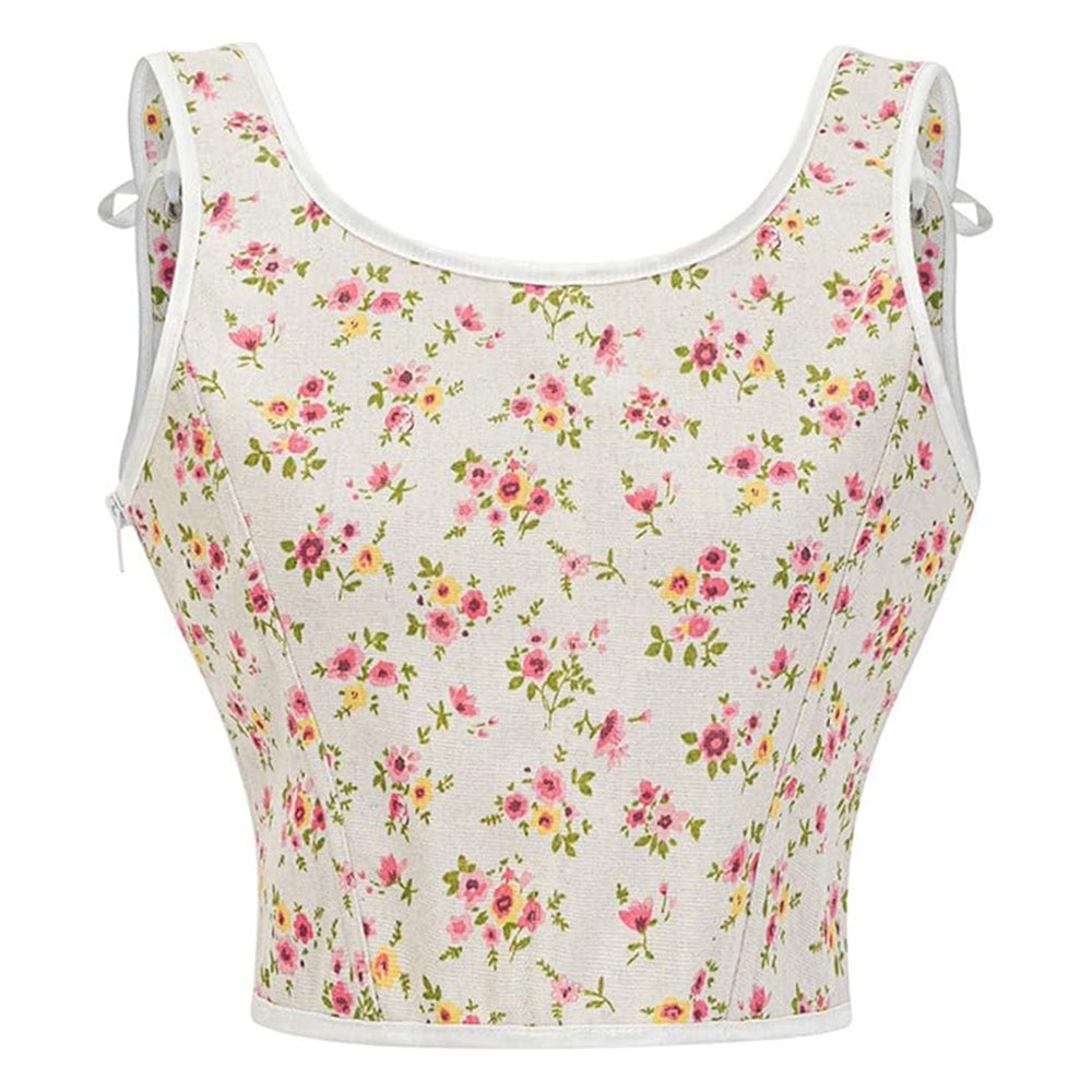 Vintage Floral Tapestry Lace-Up Front U-Back Corset Top