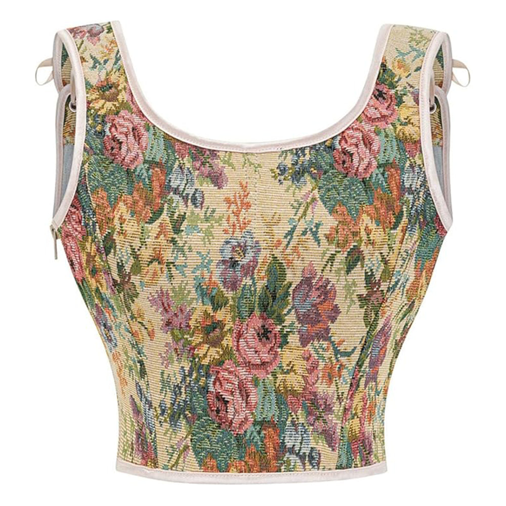 Vintage Floral Tapestry Lace-Up Front U-Back Corset Top