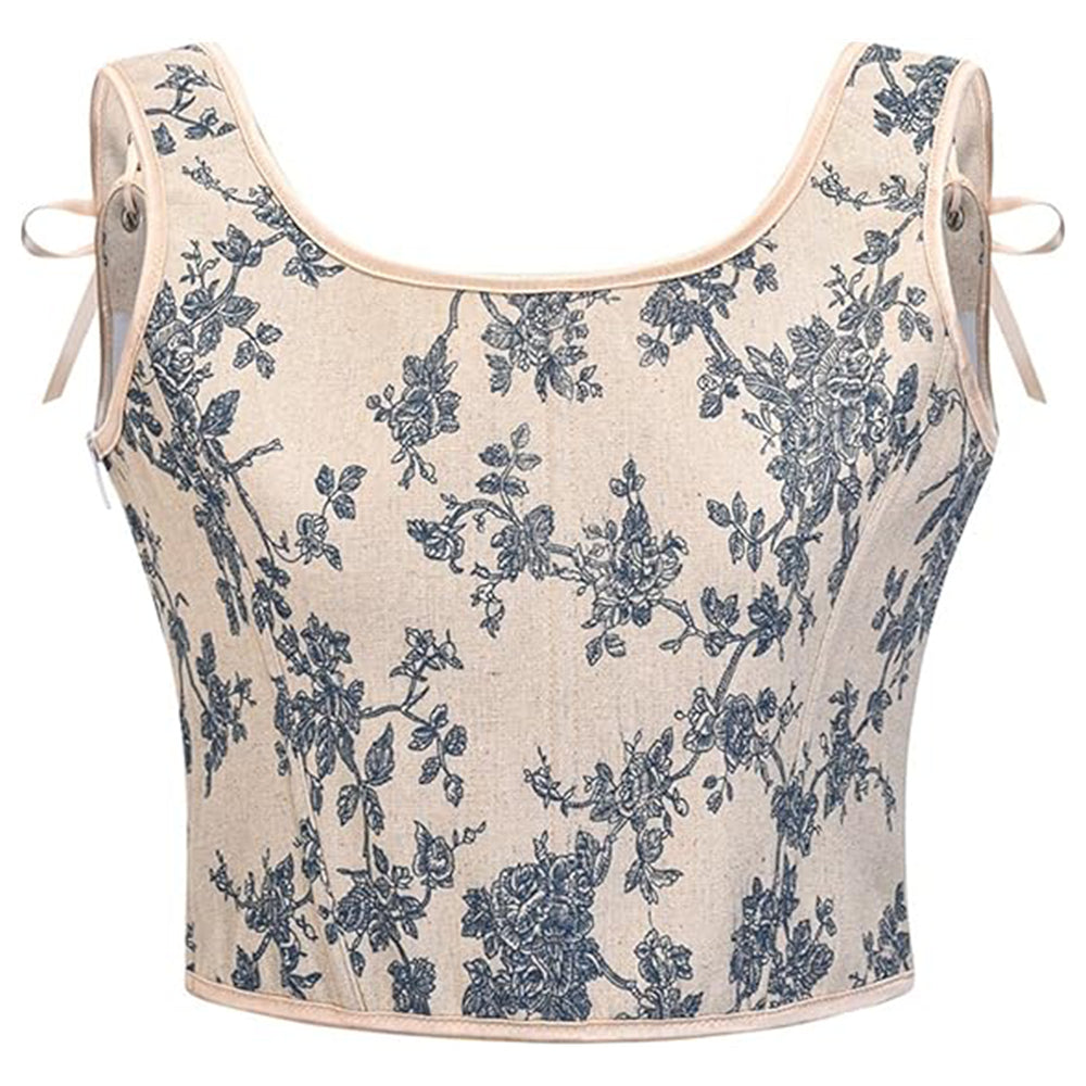 Vintage Floral Tapestry Lace-Up Front U-Back Corset Top