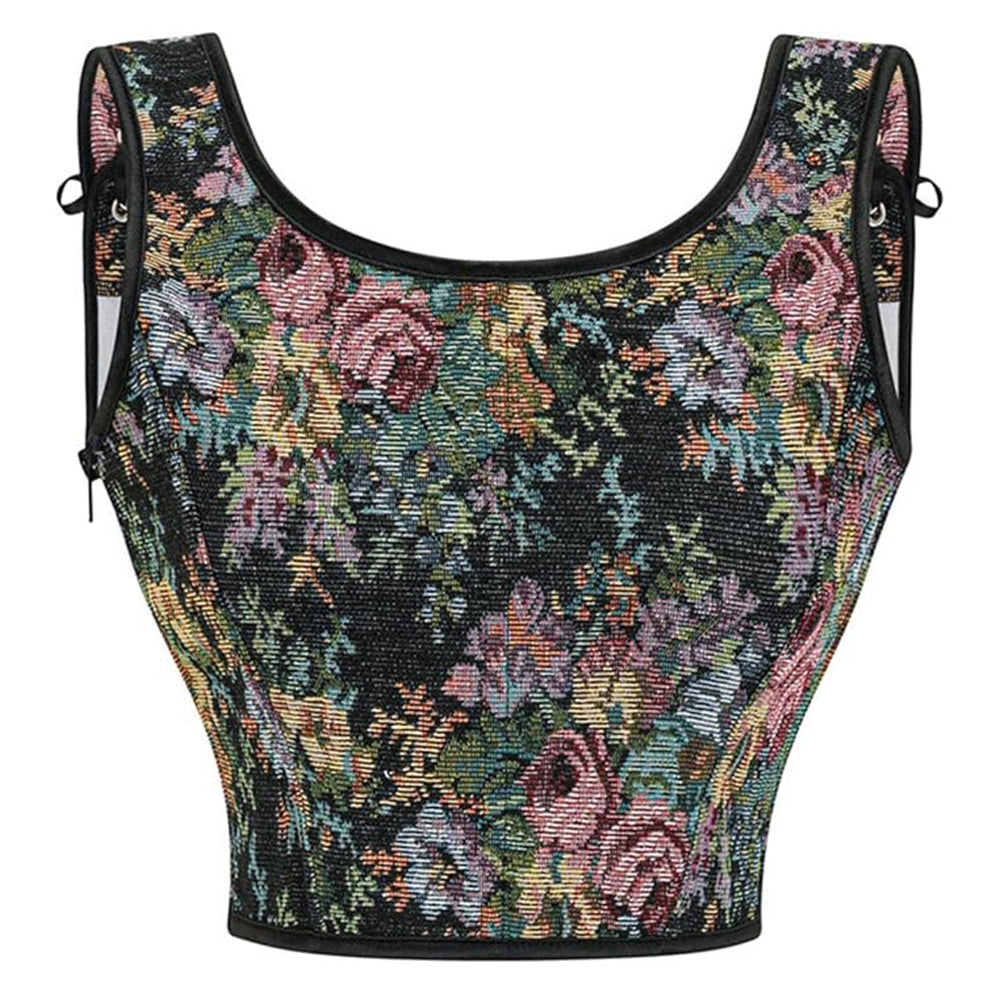 Floral Lace-up Front Vest U-Back Corset