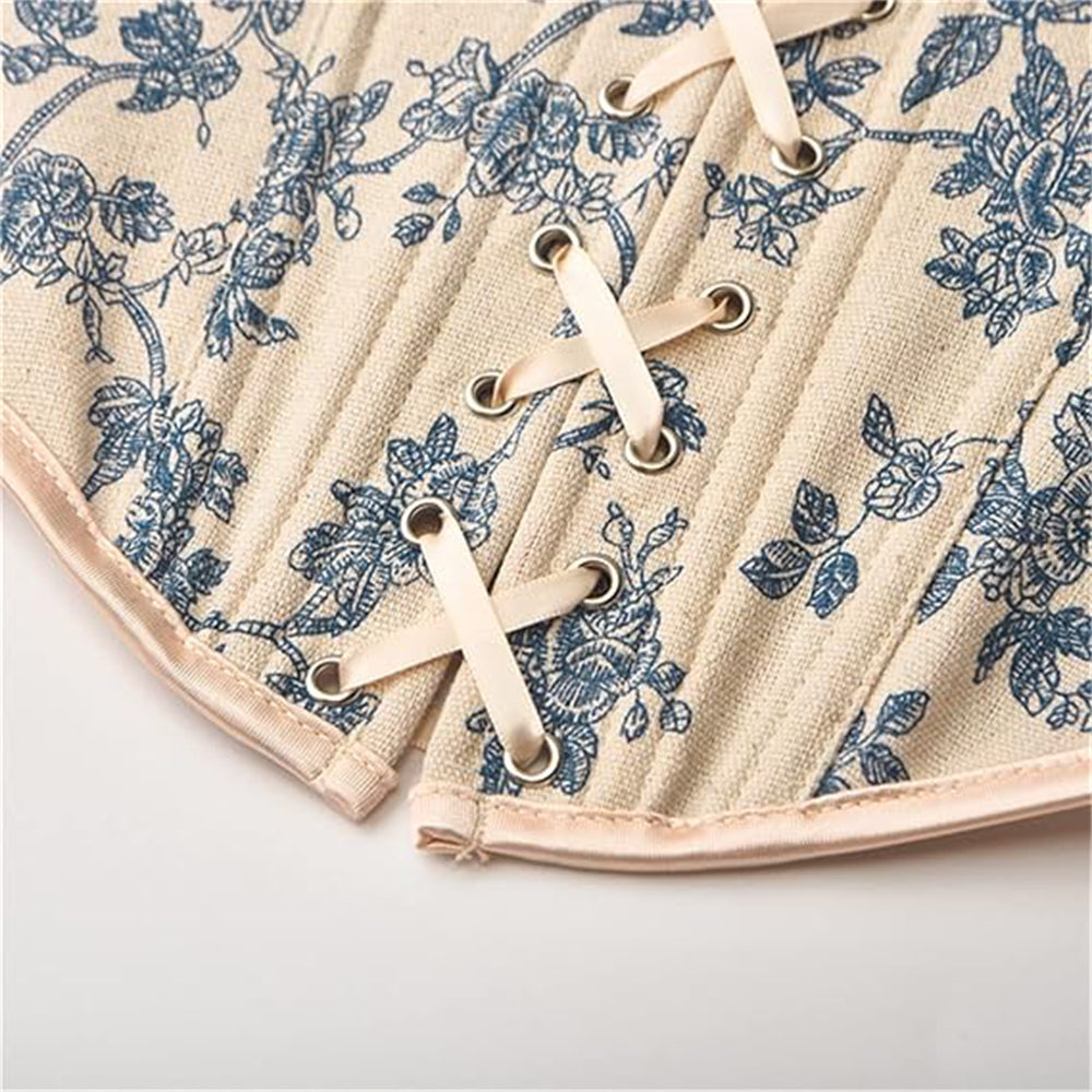 Vintage Floral Tapestry Lace-Up Front U-Back Corset Top