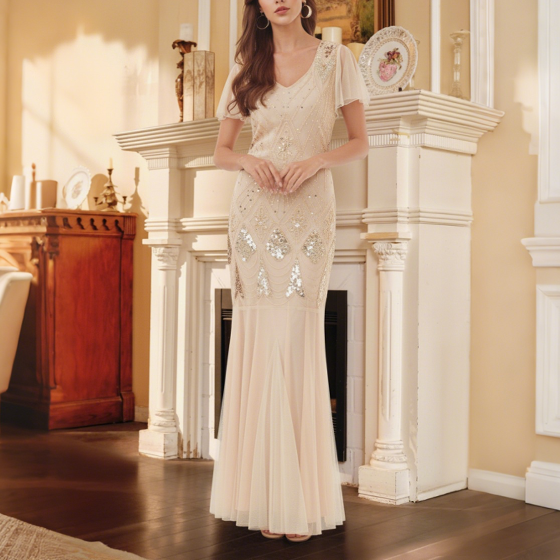 Beige Art Deco Sequin Mermaid Gown