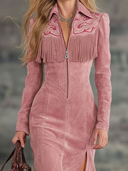 Commerce Boutique Pink Faux Suede Embroidered Midi Dress 